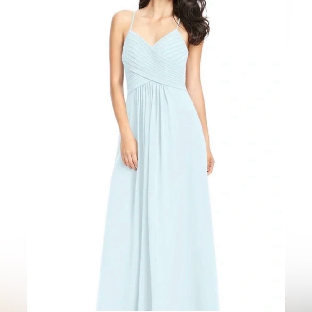 Azazie Haleigh in mist Sleeveless Maxi Dress  Ruched Crossover Bodice size A2